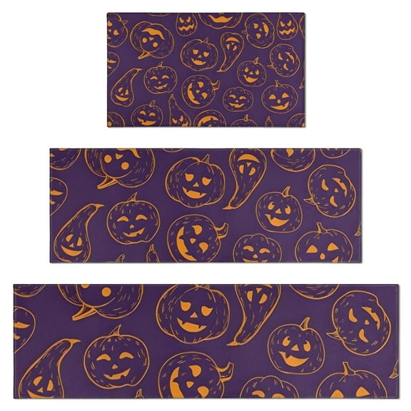 Hand Drawn Halloween Pumpkin Pattern Kitchen Rugs Sets Of 3,Kitchen Runner Rugs Non Skid Washable,Decorative Kitchen Floor Mats for Kitchen,Sink,Laundry,17"x30" 17"x47" 17"x59"