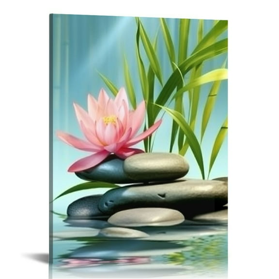 EastSmooth  Bamboo Zen Canvas Wall Art Spa Artwork Vibrant Pink Water Lily Zen Meditation Massage Stones Leaf Pictures Canvas Painting Print for Home Office and Kitchen,Framed