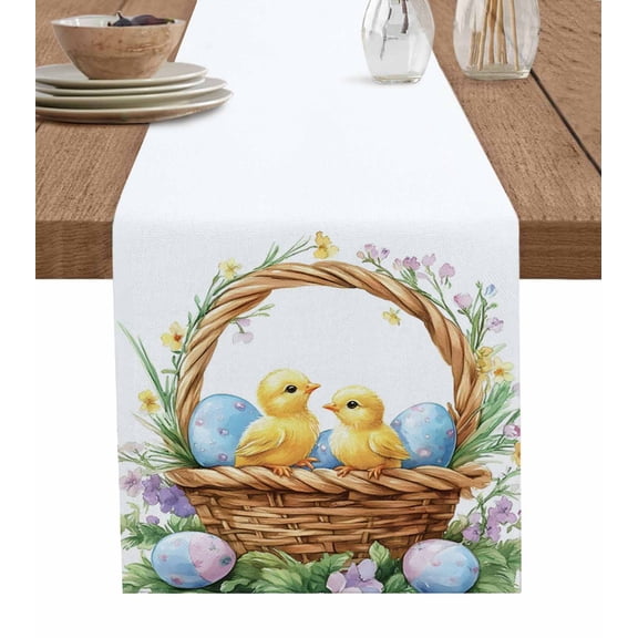 Ldtrchee Spring Flower Table Runner 48 Inches, Easter Basket Egg Bird Chicken Floral Bed Runner Dresser Scarves Tabletop for Indoor Outdoor Parties/Ceremony/Banquet, 13" x 48"