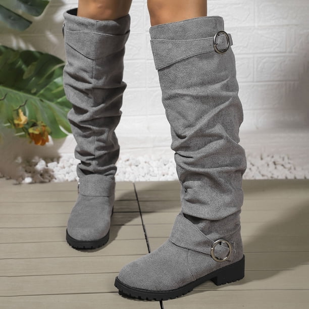 Rokment Slouchy Boots for Women Knee High Wide Calf Fashion Buckles Suede Chunky Block Low Heel Casual over The Knee Long Tall Dress Boots Ladies 