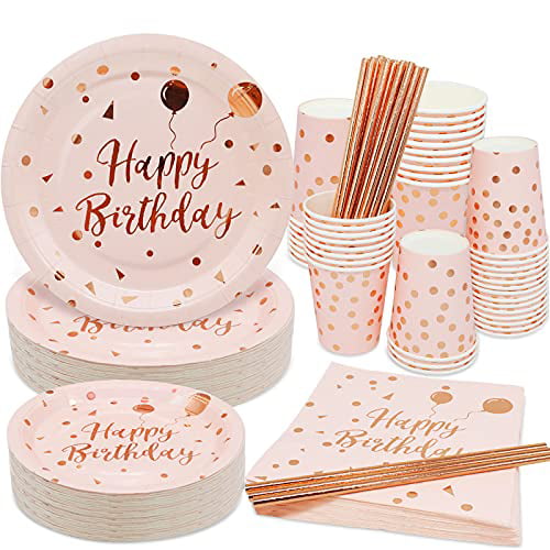 Baby Shower for 50 Guests Elcoho 250 Pieces Pink Party Supplies Dinnerware Party Tableware Pink Paper Plates Napkins Cups Straws for Weddings Anniversary Birthday