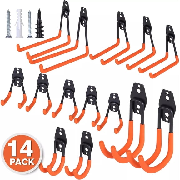 14 Pack Kit Wall Mount Garage Hooks Steel Storage Hooks with Screws and Anchors - Tools Hanges