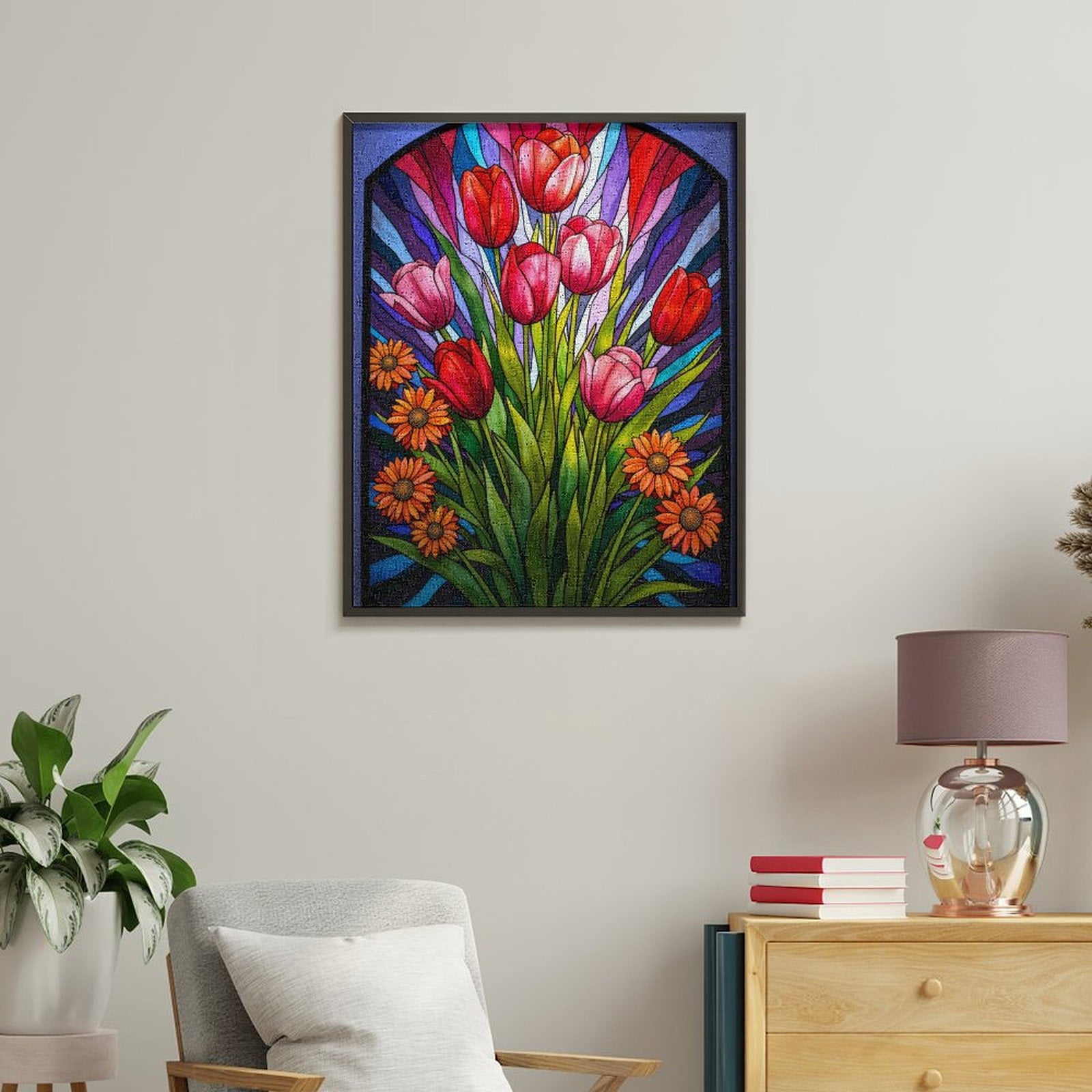 Paint By Numbers Kit for Adults Beginner - DIY Tulip Daisy Stained Glass Art Canvas Painting Kits for Adults, Frameless Paint By Number for Adults for Home Wall Decor 16x20 Inch