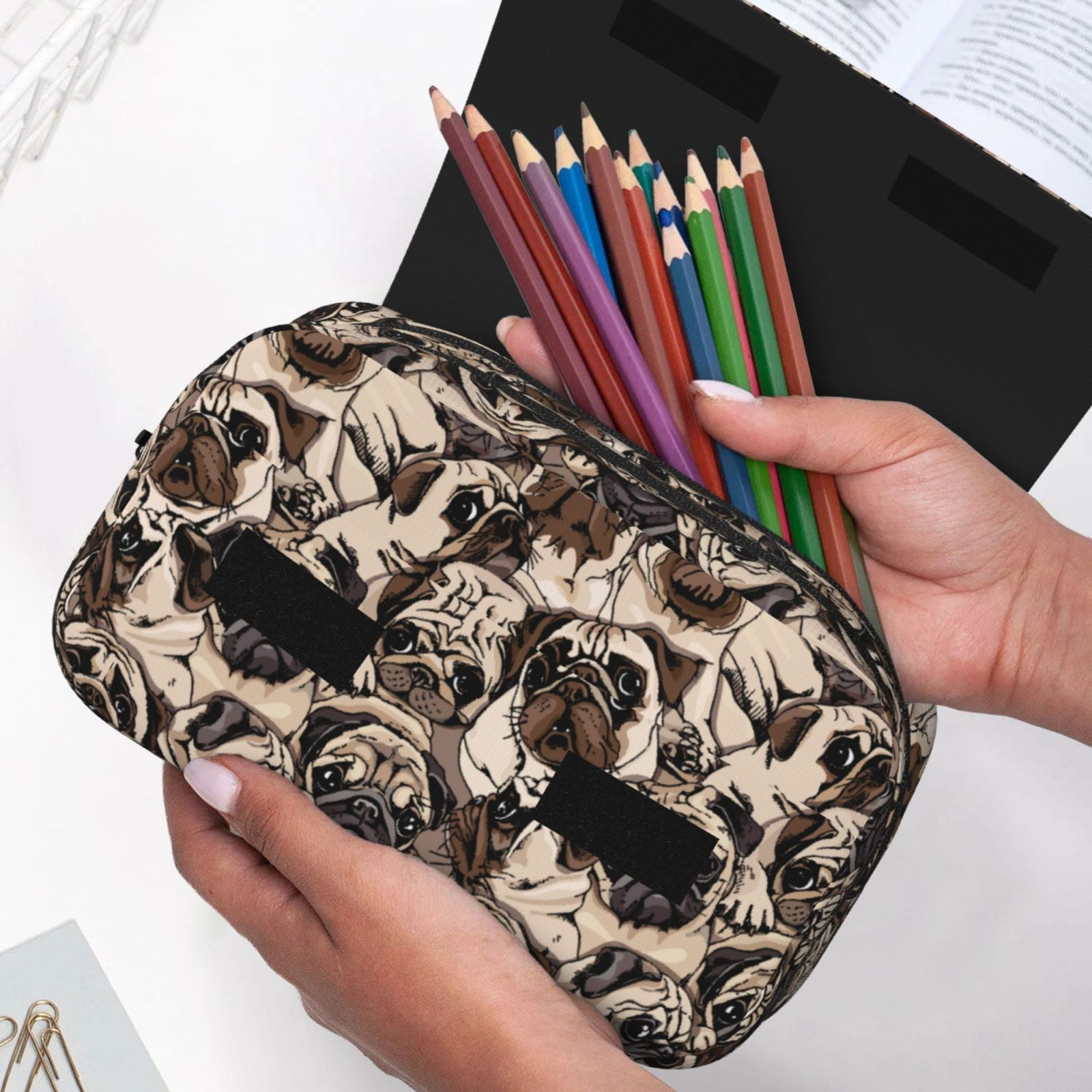 Rateoe Pug Pattern Double Clamshell Pen Case, Storage Organizer with Two Zipper Compartments– Holds Up to 50 Pencils & Pens