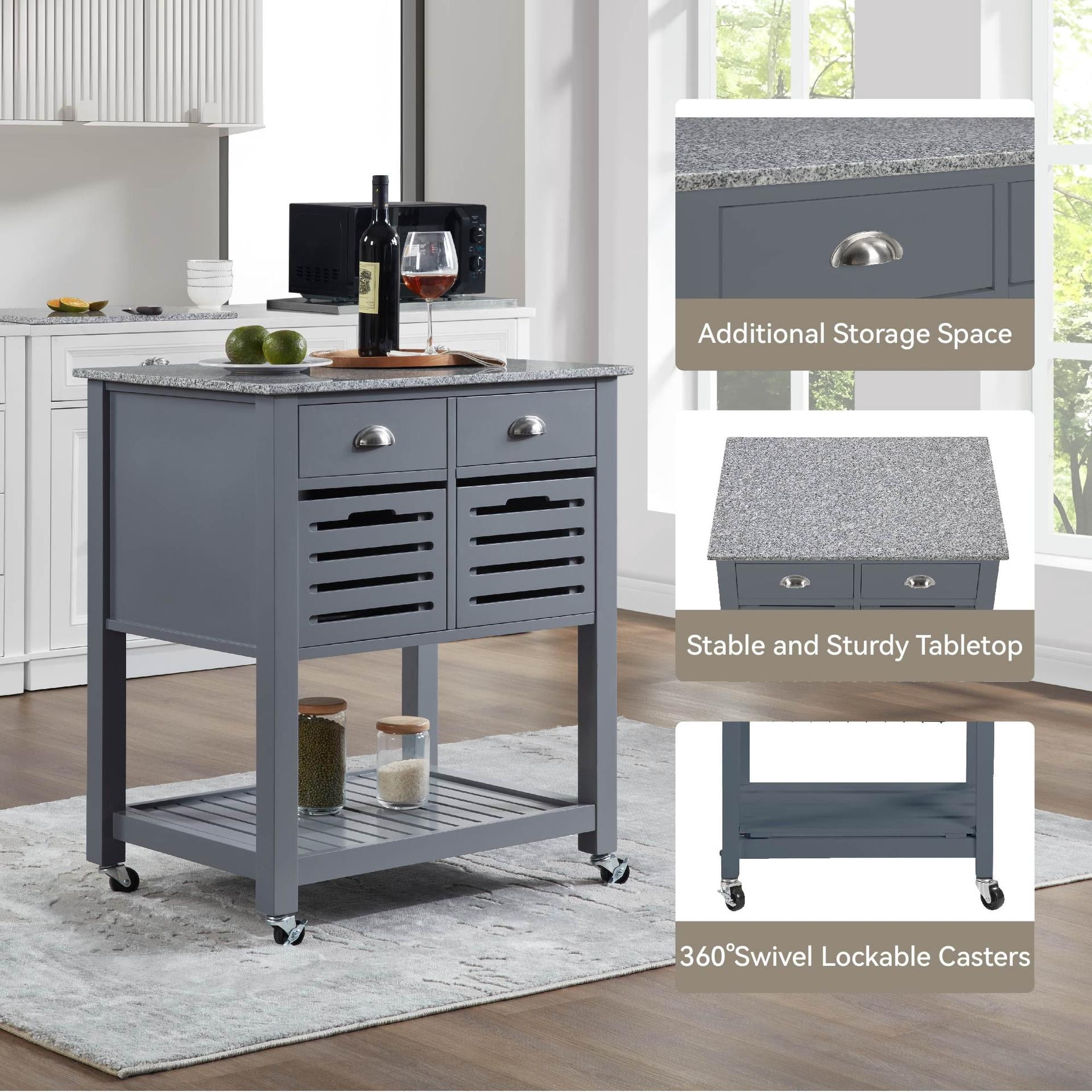 Mobile Rolling Kitchen Island Trolley Serving Cart with 2 Drawers & Slide-Out Wire Storage Basket