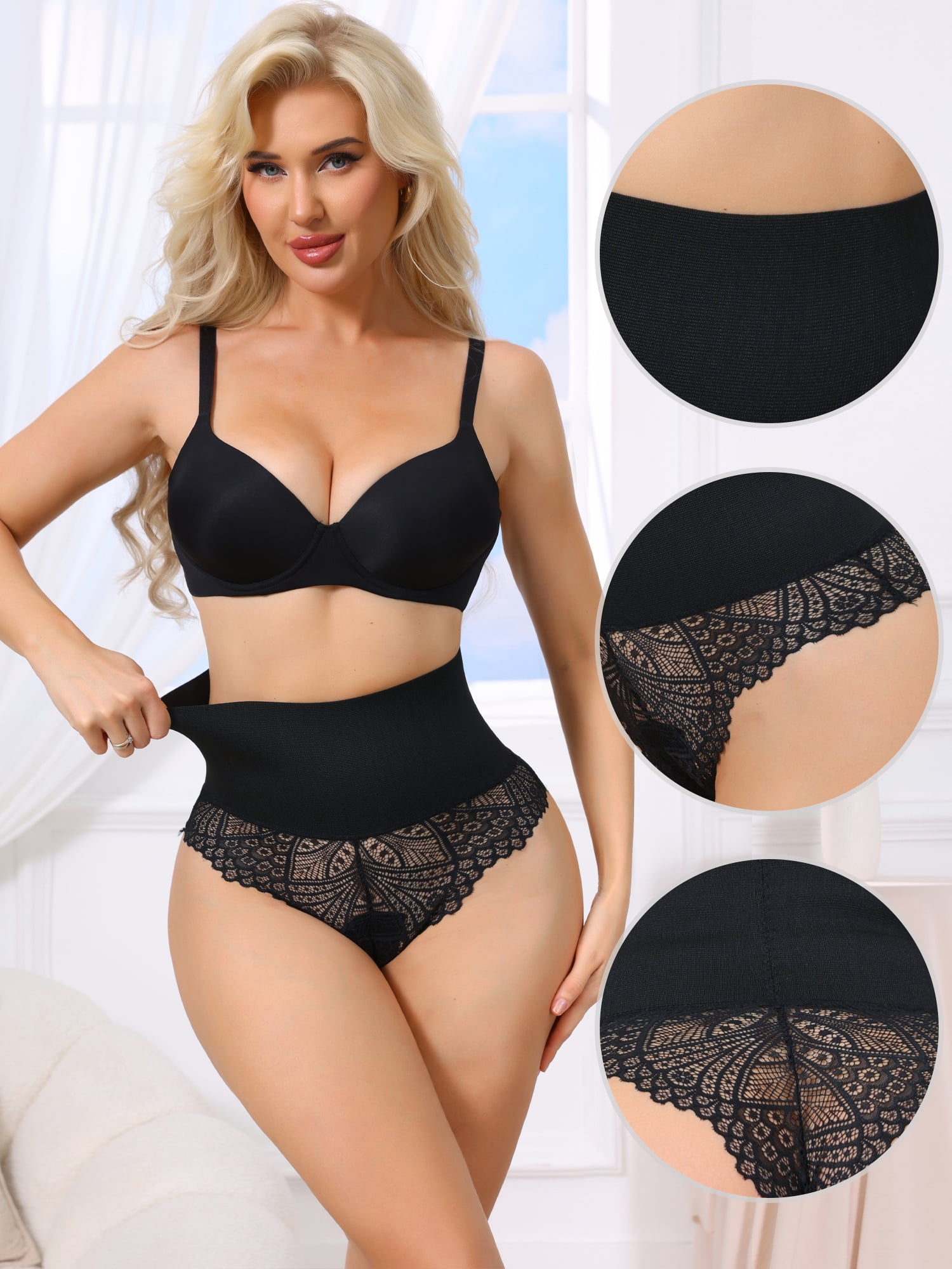 DARING DIVA Women's High Cut Lace Tummy Control Waist Trainers Panties S Black