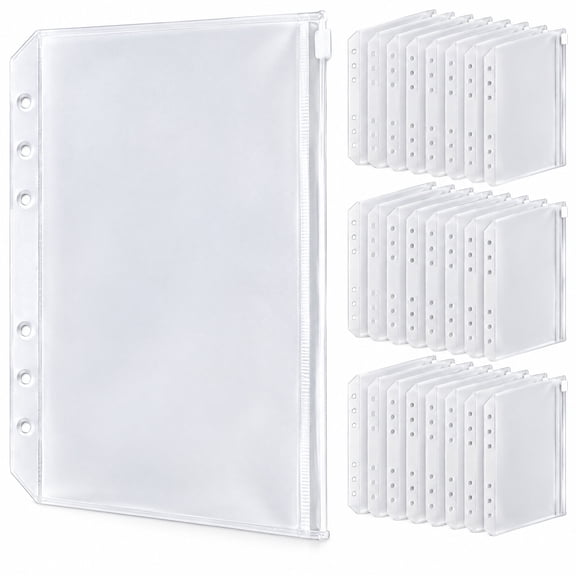 24 Pack A5 6‑Hole Zipper Binder Pockets, Clear PVC PP Zipper File Pouches, Loose‑Leaf Notebook Receipt Bill Organizer Storage Bags for Journal Planner