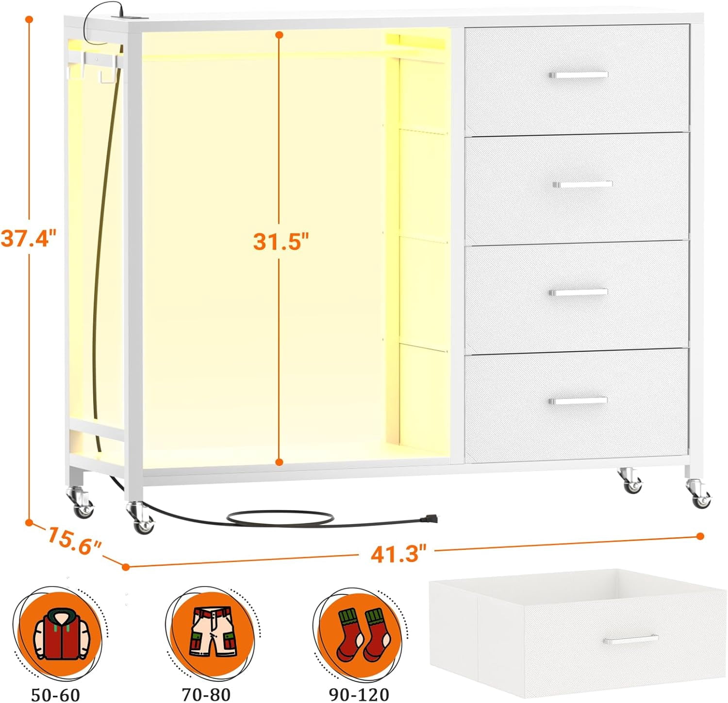 Homieasy Dresser with Hanging Rack & 4 Drawers, Dresser with Clothes Rack for Bedroom with LED Lights, Charging Staion, Storage Chest with Wheels, White