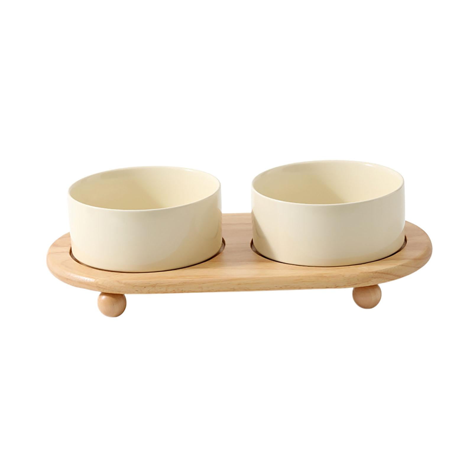 Bvdfgk Cat Dishes Protect Cat's Spine with Wooden Stand Ceramic Stoneware Pet Bowl for beige