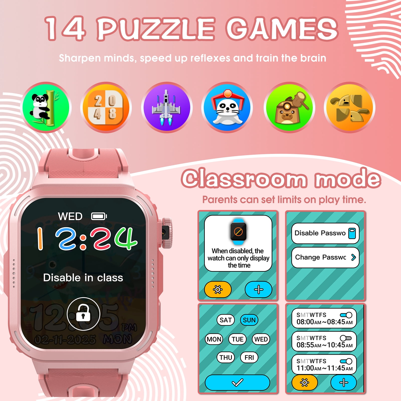 Coucur Kids Smart Watch with Classroom Mode, 1.83 HD Touch Screen Smartwatch for Kids, Learn Cards, Camera, Music Player, 14 Puzzle Games, 100 Sports Modes, IP68 Waterproof, Best Gift for Kid
