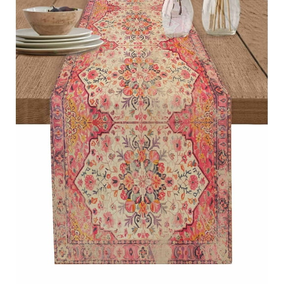 Hokiten Table Runners 60 Inches Long Dress Scarves, Aztec Southwest Farmhouse Kitchen/Dining Table Runner, Small Coffee Tablerunners, Orange Boho Ethnic Floral Geometric Art 13x60 Inch