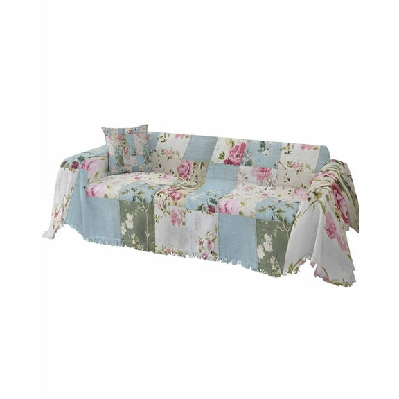 Vintage Botanical Sofa Covers for 3 Cushion, Washable Couch Cover for Sectional Sofa Slipcovers with Tassel, Blue Green Pink Floral Retro Loveseat Covers Futon Cover Blanket 71''x118''
