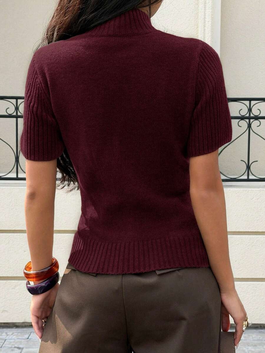Women Solid Burgundy Short Sleeve Turtleneck Knit Top, Ribbed Texture Mock