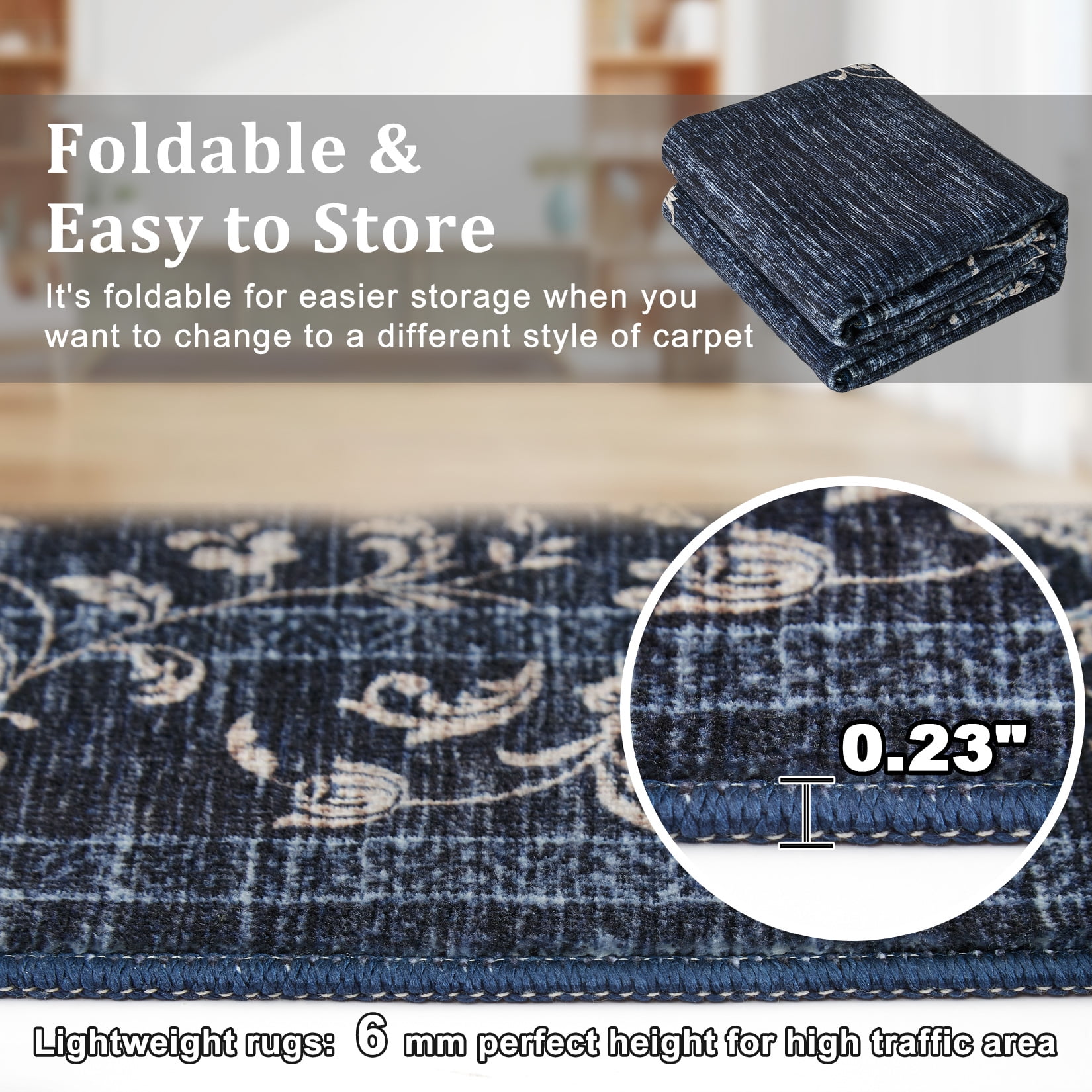 HOMERRY Washable 10' x 13' Area Rug for Living Room Farmhouse Modern Floral Bordered Dark Blue Rug Stain Resistant Large Indoor Carpet