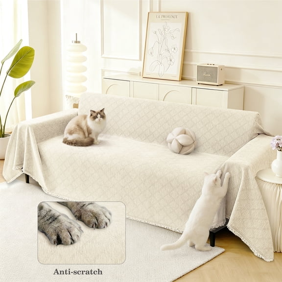 WETRBWEH Couch Cover for Dogs Pet Friendly, Machine Washable Couch Covers, Non Slip Sofa Cover, Couch Blanket with Tassel Pet Cushion Cover, 71"x102", Beige
