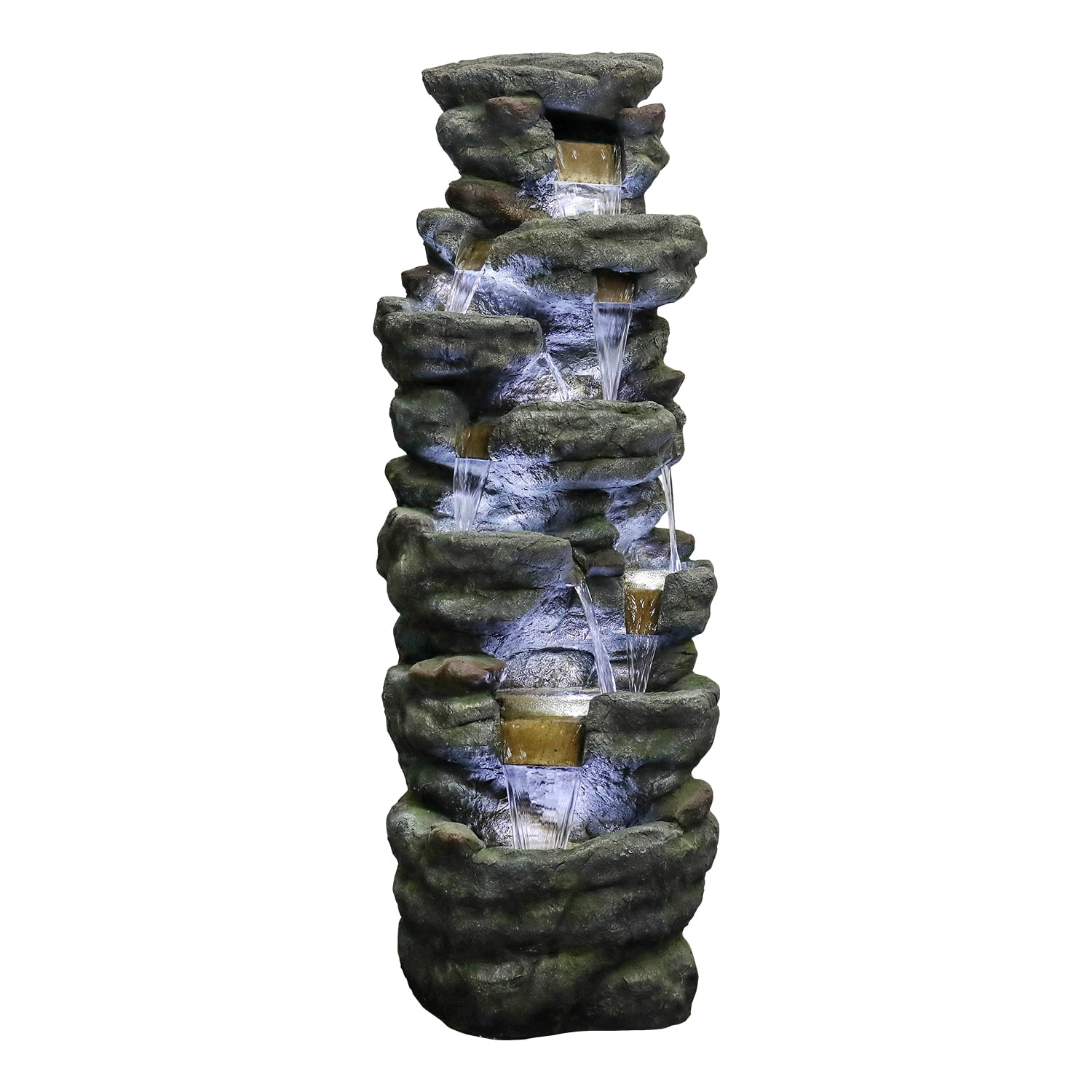 51" H Outdoor Water Fountain - 7-Tiers Rock Waterfall Fountain with LED Lights for Home Garden Decor