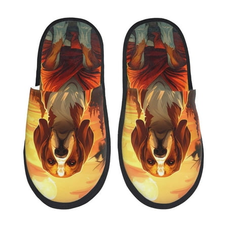

Qekee Sunset Meditating Dog print Slippers for Women and Men Fluffy Cute Cozy House Slipper Funny Furry Bedroom Slippers for Women Indoor -Medium