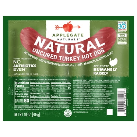 Applegate Naturals Uncured Turkey Hot Dog, 10oz, Gluten & Casein free, Refrigerated