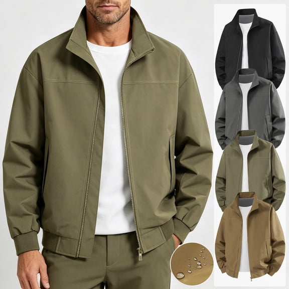 UVEASISHA Big and Tall Windbreaker Jackets for Men Zip Up Stand Collar Lightweight Bomber Jacket Waterproof Outdoor Hiking Travel Jackets with Pockets Army Green L