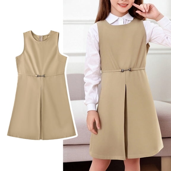 Kids School Uniform Dress A-Line Hem Knee Length Sleeveless Khaki Jumper for Girls Uniform Back To School Clothes for Girls Kids Girl School Uniform 6-7 Years