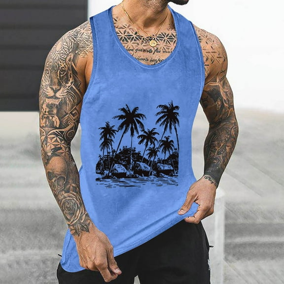 Kctiaxy Tank Tops Men Palm Trees Printed Crew Neck Thin Strap Camisole T Shirts Casual Relaxed Fits Classic Fitness Sports Tank Blouses