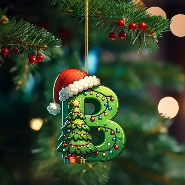 Adorno acrílico 2D para árbol de Navidad | Colgante de carta inicial personalizado | Decoración verde colgante de doble cara para fiesta familiar de Navidad | Don único | 1 pieza