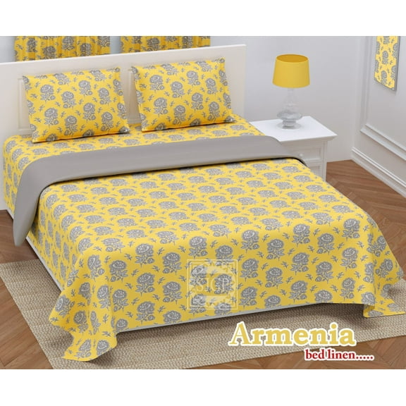 Armenia Yellow Base Green Flower Designer Printed Cotton Bedsheet, Full King Size Bedsheet With 2 Pillowcase, Hand Block Bedding quilt set