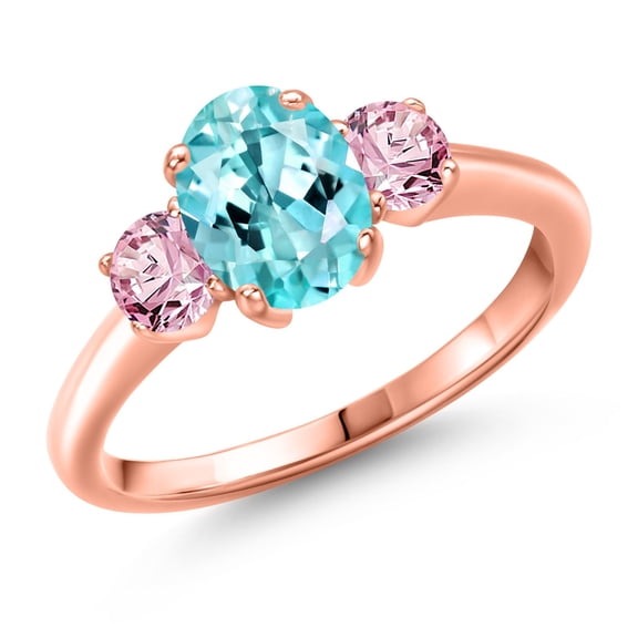 Gem Stone King 1.70 Ct Oval Blue Apatite Pink Lab Grown Diamond 18K Rose Gold Plated Silver Ring