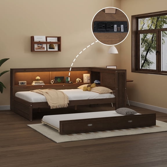 Mirightone Wood Full Size Daybed with Storage, Full Daybed with Trundle, Corner Bed Frame with Bookcase and LED Light for Adults Teens, Antique Wood Color