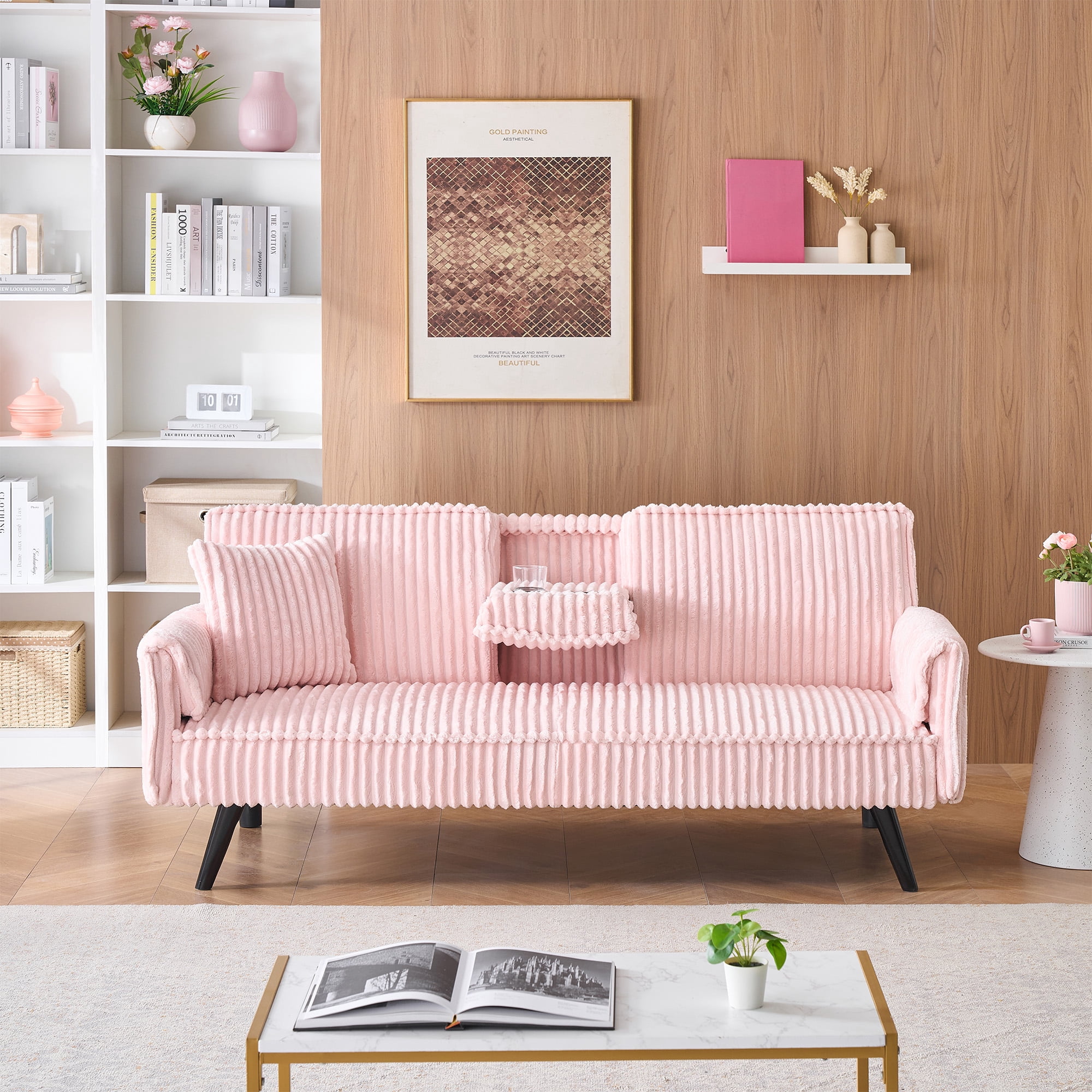 BSHTI 72" Corduroy Sofa Bed with Pull-Out Cup Holder, Adjustable Back, Straight-Line Design for Living Room（Pink）