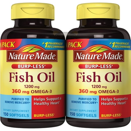 Nature Made Fish Oil 2400mg Burp-less Softgels, 300 Count, Twin Pack, Omega 3 Supplement For Heart Health