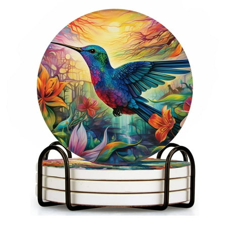 

BaHomeck Drink Coasters Set of 4 with Holder colorful hummingbird surrounded by flowers Water Absorbent Ceramic Coasters Tabletop Protection Suitable for Various Cup Home Decor