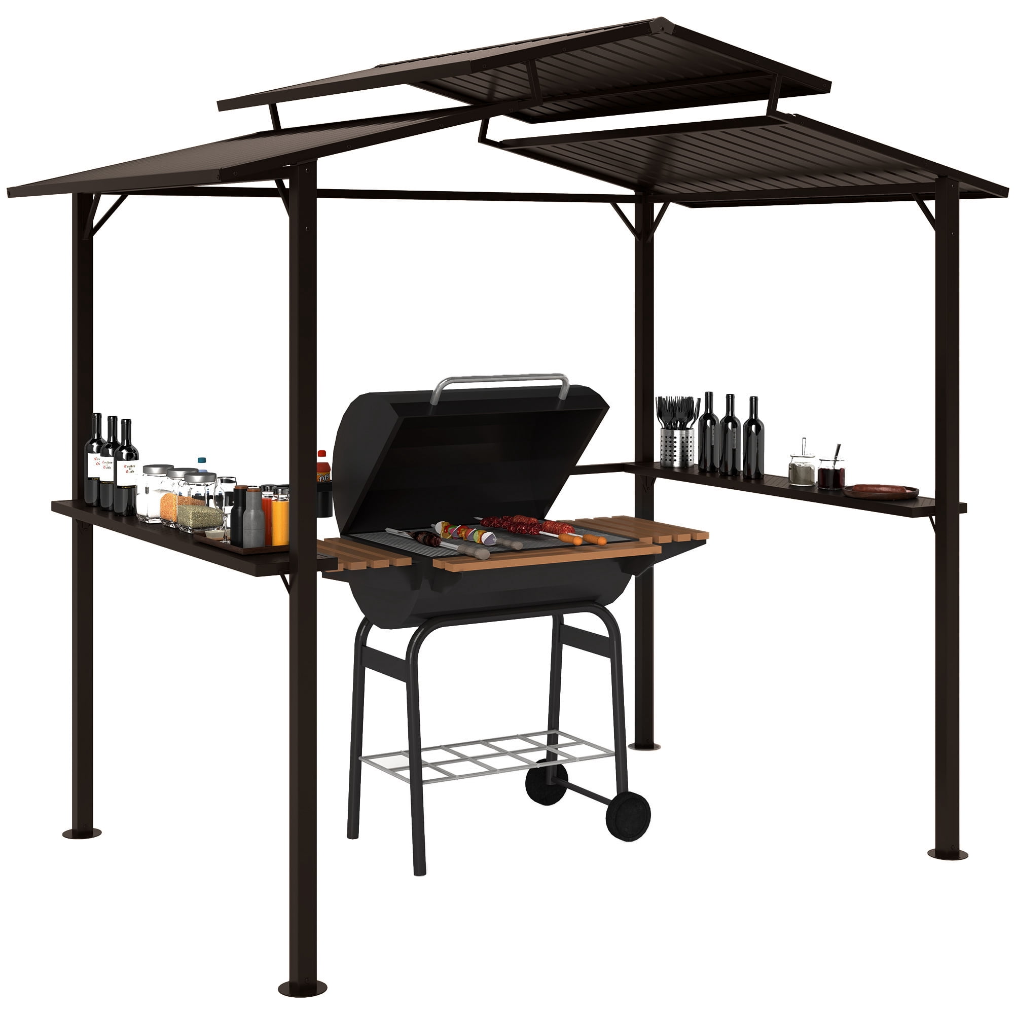 Outsunny 8' x 5' Hardtop Grill Gazebo, Outdoor BBQ Gazebo with Double Metal Roof, 2 Side Shelves and 4 Cup Holders for Patio Backyard Lawn Deck