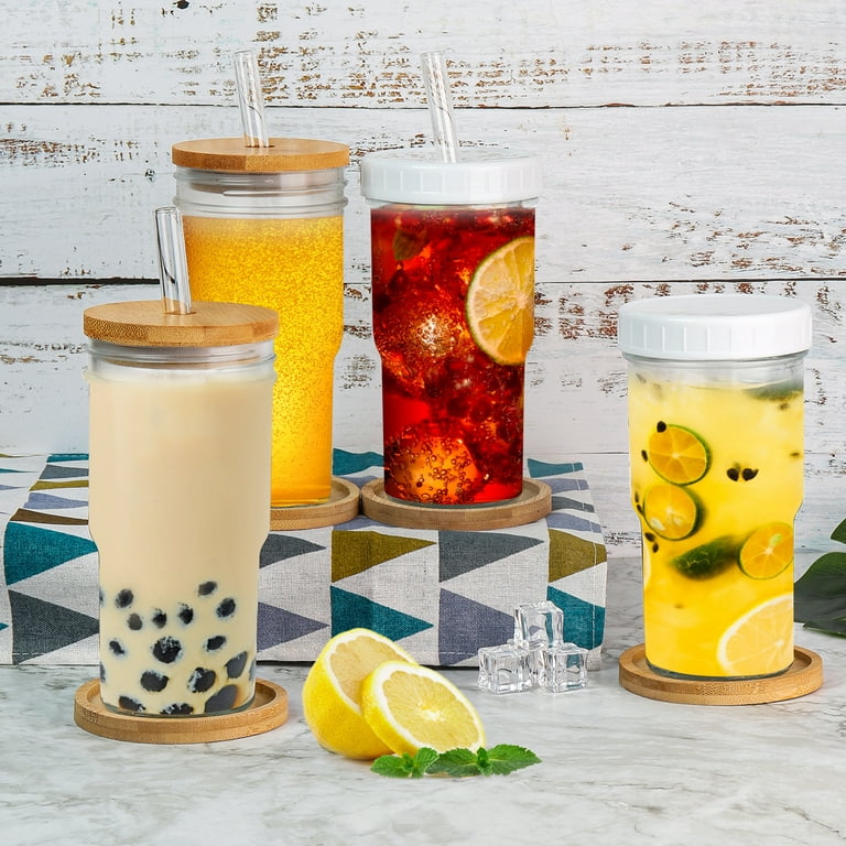 Glass Cups with Bamboo Lids and Glass Straw 6Pcs Set - Beer Can Shaped  Drinking