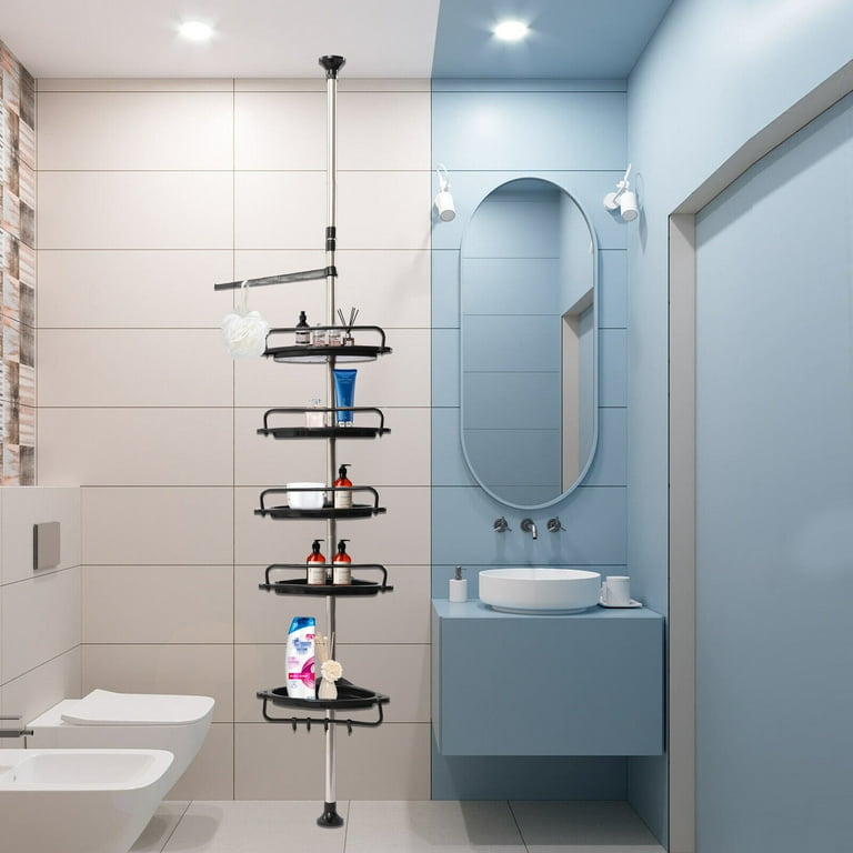 5/4-Tier Adjustable Shelves with Tension Pole, Rustproof Shower Corner , Bathtub Storage Organizer for Bathroom，Black