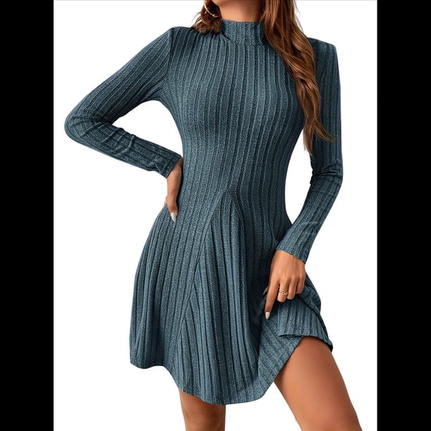 Vestido de Suéter de Larga para Mujer, Ajustado, con Cuello Redondo, Otoño 2025, Minivestidos de Punto Adelgazantes Azul Mar L