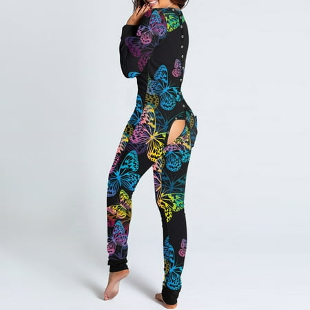 

PEONAVET Onesie Pajamas for Women Sexy V Neck Butt Button Flap Jumpsuit Butterfly Printed Jumpsuits Long Sleeve Button Onesies Pajama Club Rompers Sleepwear Party Holiday