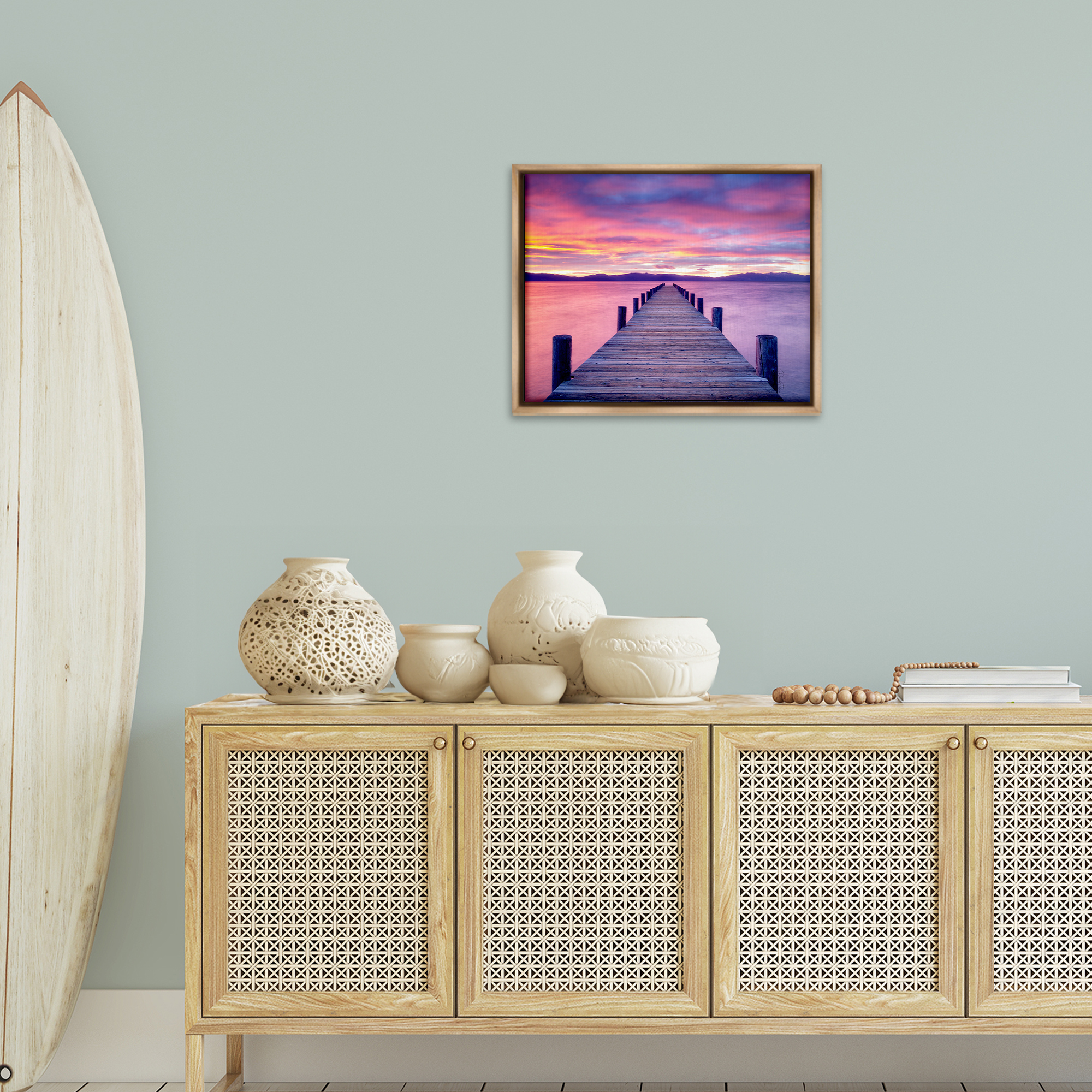 Stupell Industries Purple Sunset Dock Landscape Photography Brown Floater Framed Canvas Art Print Wall Art, 21 x 17