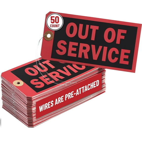 Out of Service Tags with Pre-Attached Wire Hangers, Set of 50 Equipment Repair and Inspection Tags, 13 pt Red Cardstock Hang Tag with Reinforced Eyelets, 6.22"x3.15"