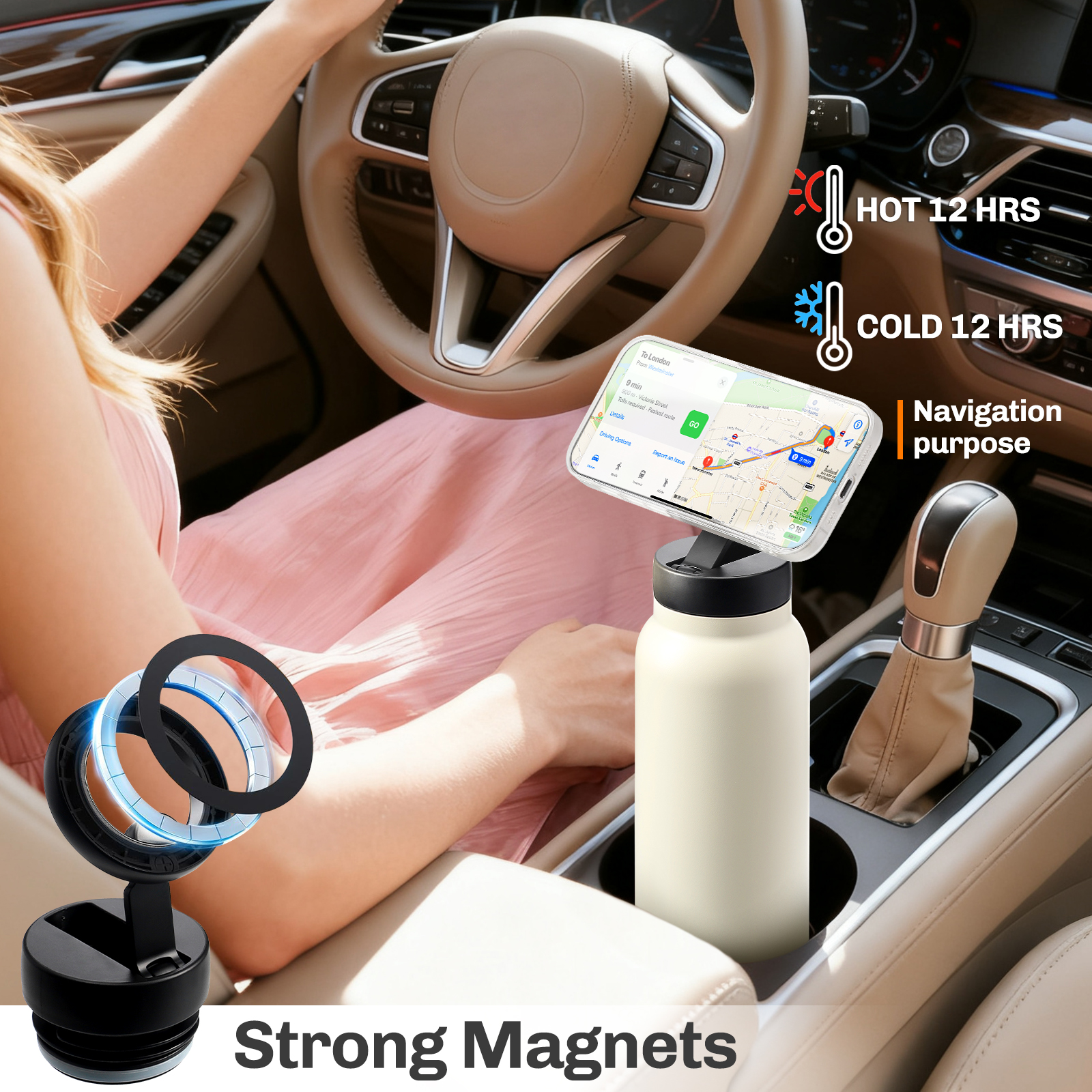 Hatisan 24 oz Insulated Water Bottle, Magnetic Stainless Steel Water Bottle, with Mobile Phone Holder Tripod, Hot for 12H, Cold for 24H(Beige)