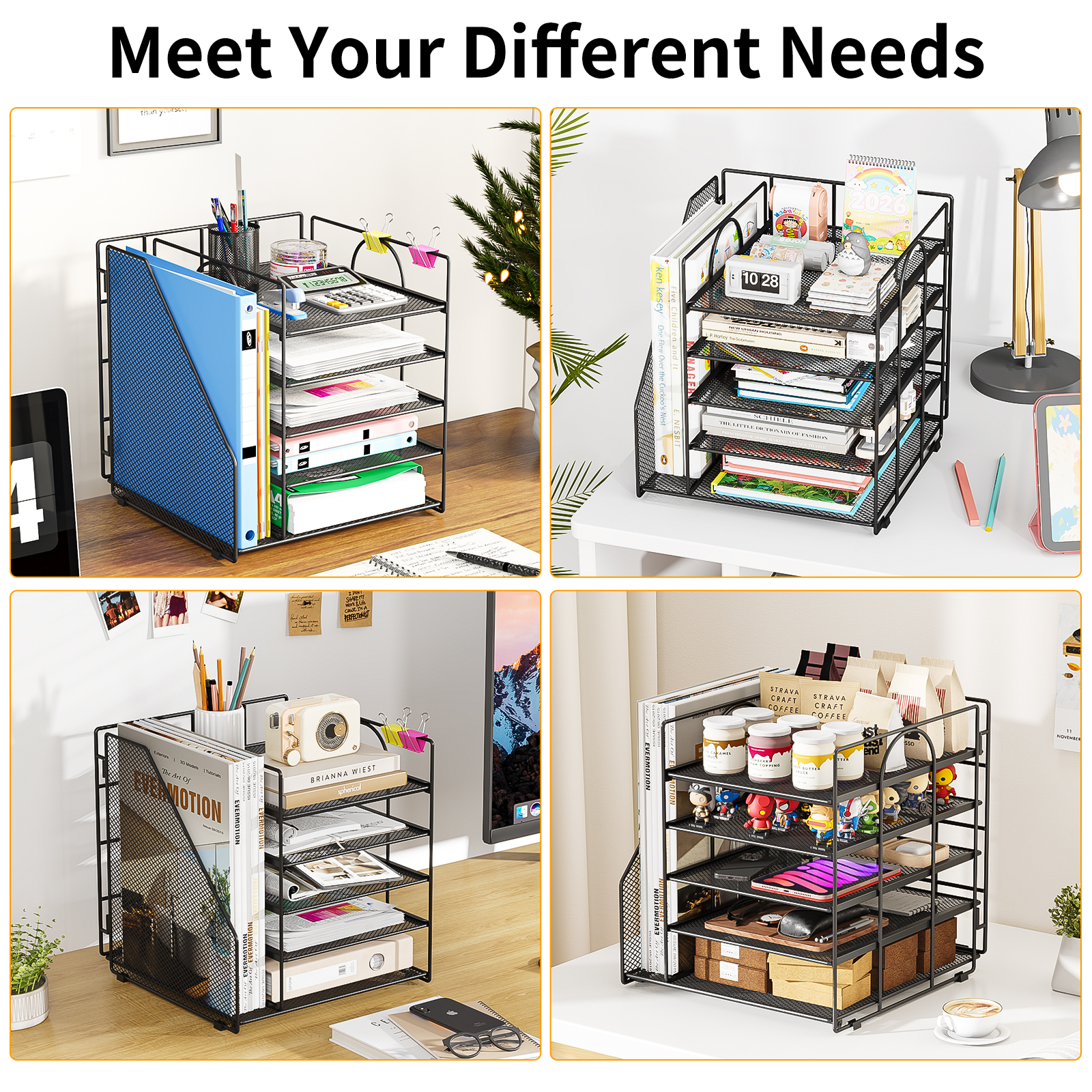 Mintazer Desk Organizer with File Holder, 5-Tier Paper Letter Tray Organizer Mesh Desktop File Organizer Magazine Holder for Home School Office Supplies, Black