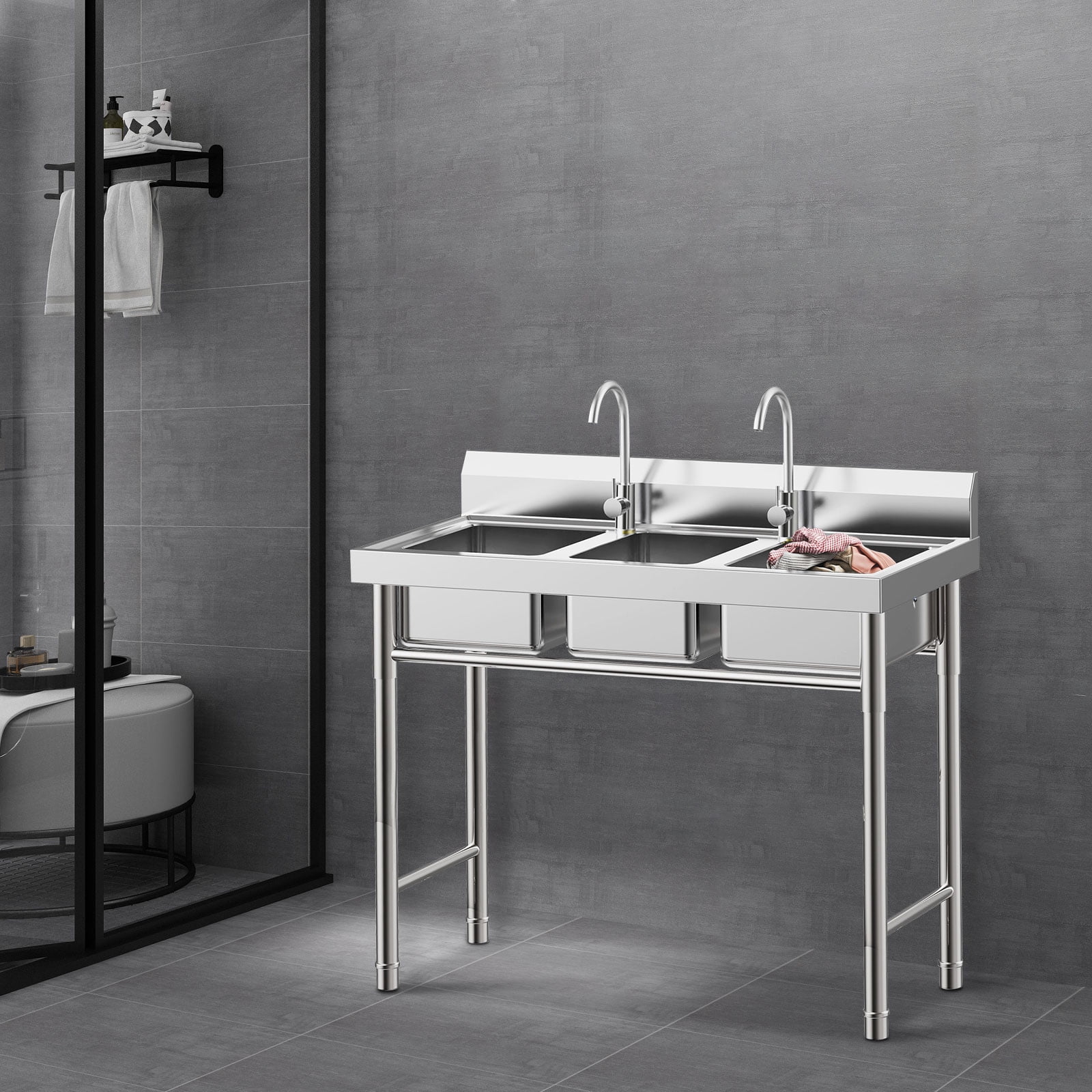 Peakora 3-Slot Kitchen Sink with 2 Rotating Hot and Cold Faucets 304 Stainless Steel Kitchen Sinks Freestanding Utility Sink Commercial Kitchen Basin Free Standing Triple Bowl Sinks 39*18*35.8in