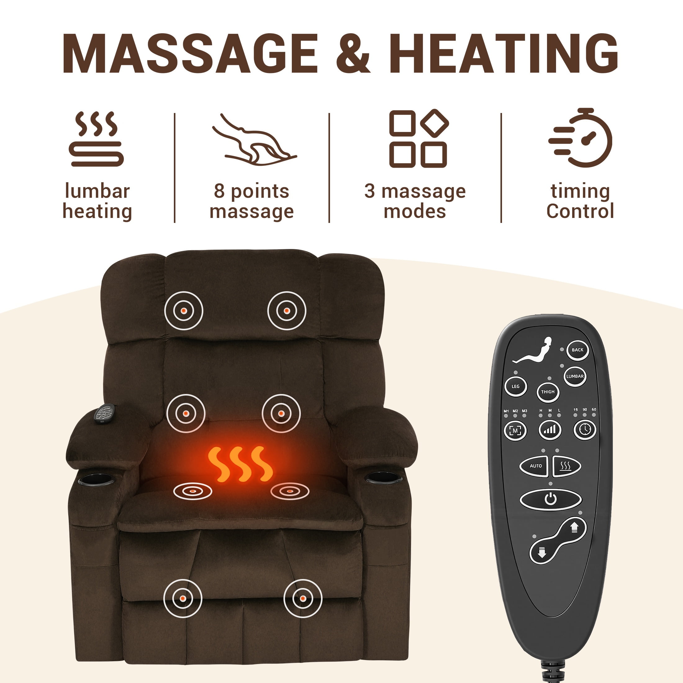 HSUNNS Large Power Lift Recliner Chair with Massage and Heat for Elderly Big and Tall People, Overstuffed Wide Recliners with 2 Cup Holders, Side Pocket for Living Room, Single Sofa, Brown