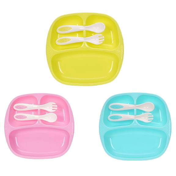 ACDANC 3Pcs/Set Plastic Baby Feeding Set Infant Dinnerware Bowl Plate for Baby Silicone Bibs Spoons Fork Cups Toddler Bowls Dishes Kids Utensils Divided Plate Eating Supplies