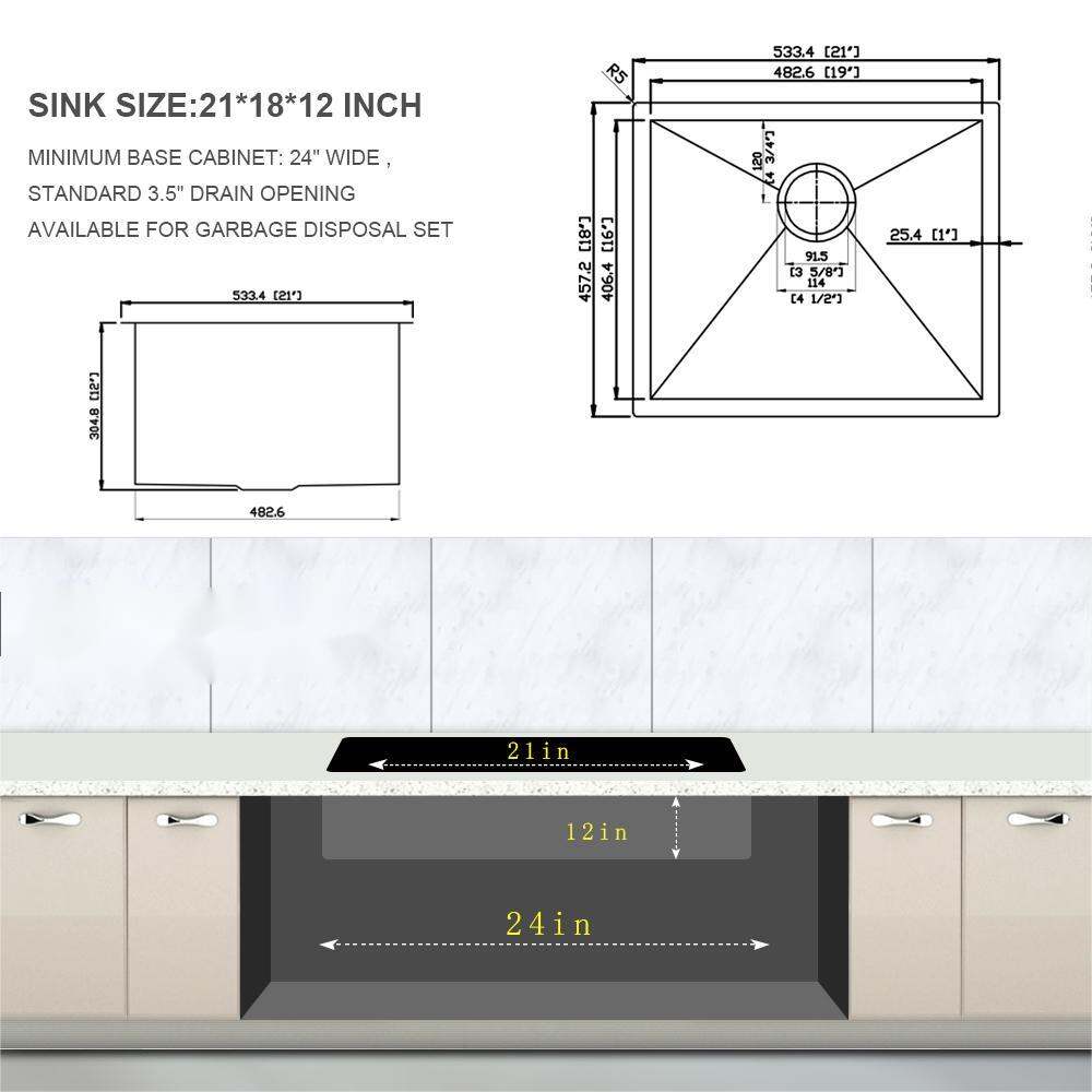 Undermount Kitchen Sink, Laundry Sink 21 Inch - 21 x 18 x 12 Inch Undermount Laundry Utility Sink Deep Single Bowl 16 Gauge Stainless Steel Laundry Tub Sinks, Stainless Steel Kitchen Sink
