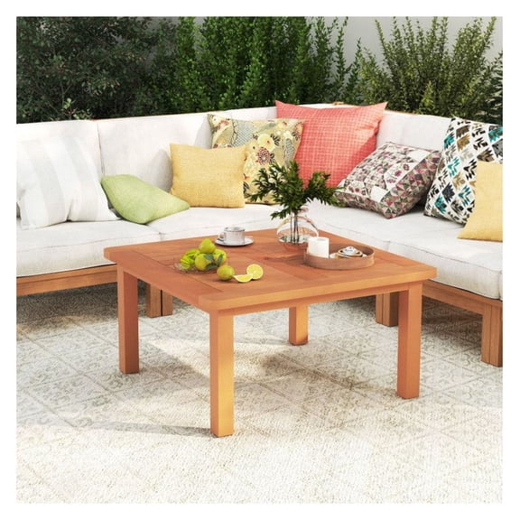 FASCK Teak Patio Coffee Table with Umbrella Hole, Teak Oil Finish & Rust-Resistant, Outdoor Garden Balcony Terrace Furniture