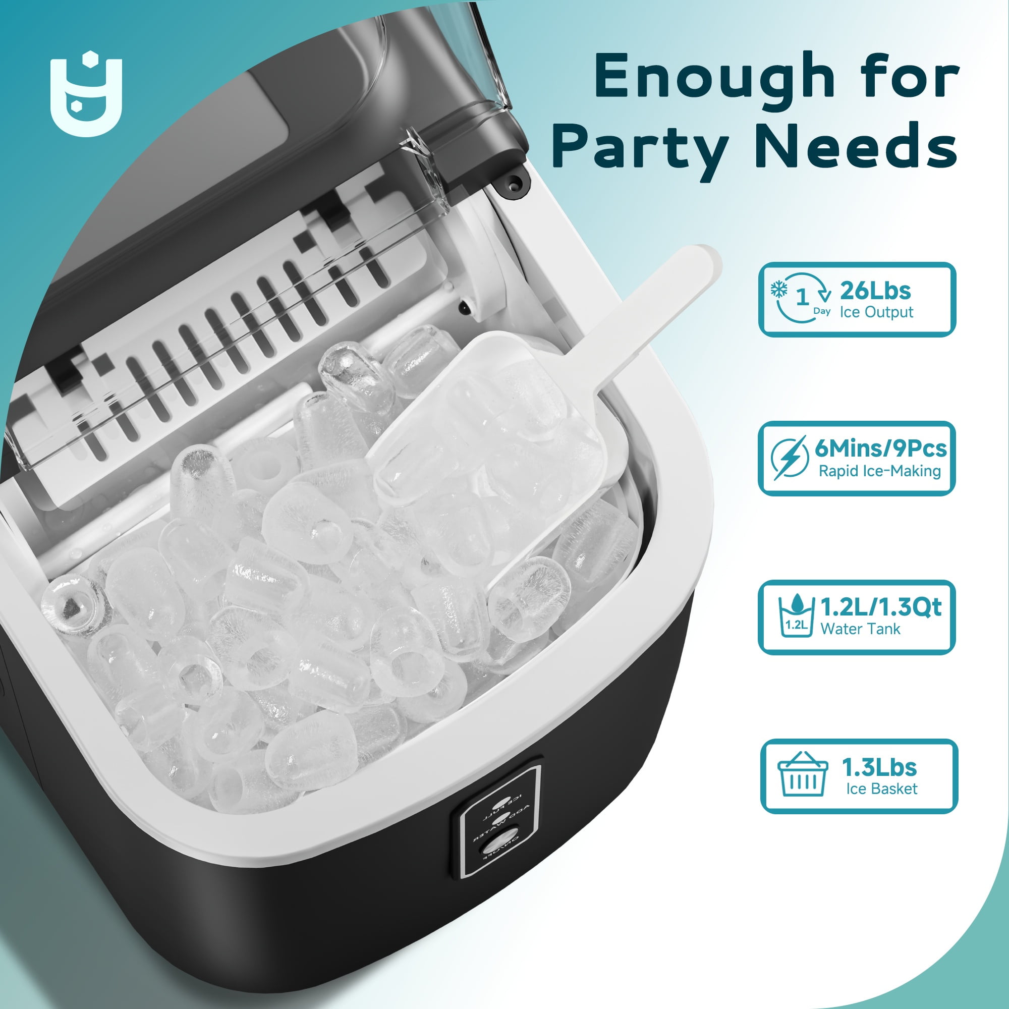 EUHOMY Countertop Ice Maker 26 lbs/Day Portable Self-Cleaning, 9 Bullet Ice in 6 Min, Black