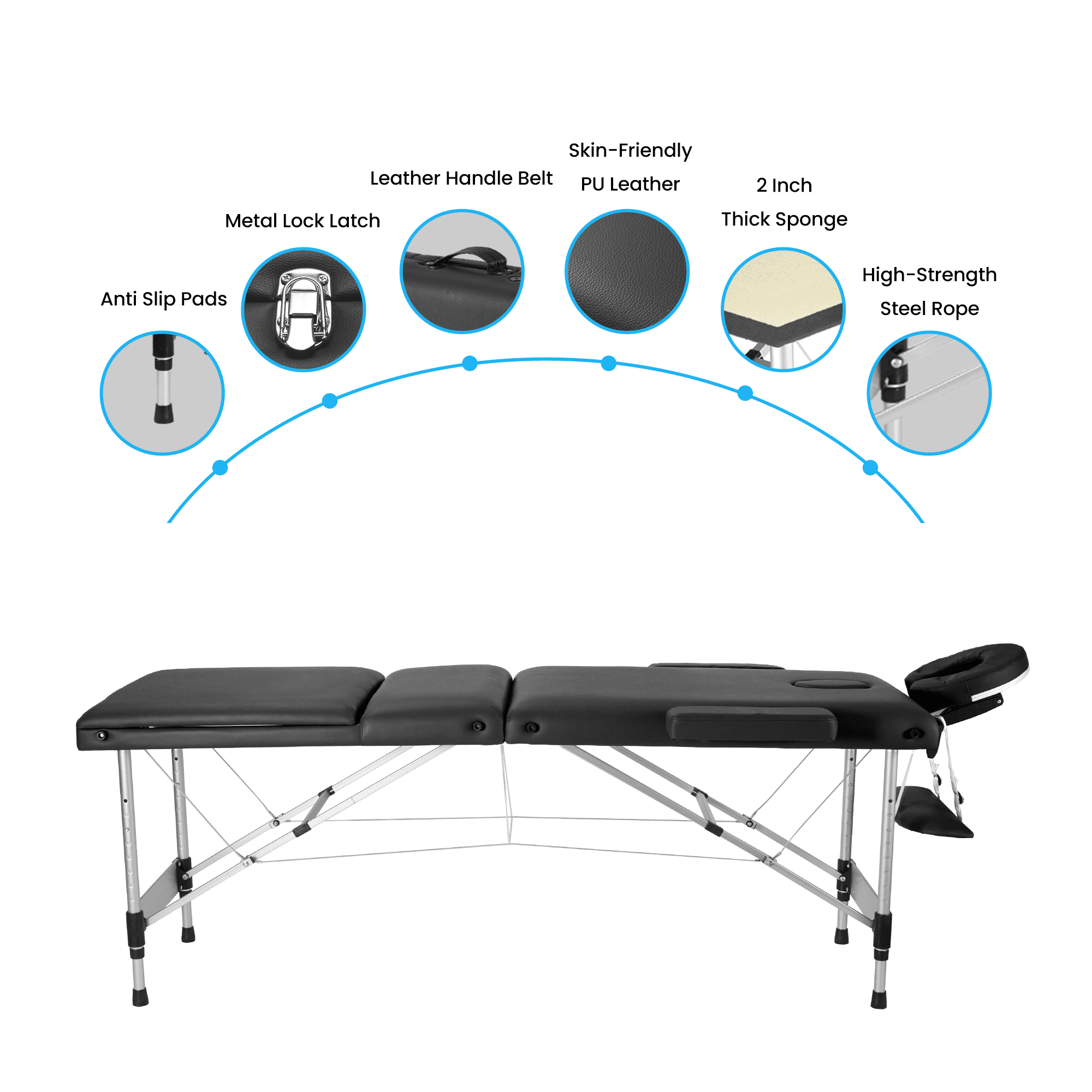 Naipo 3-Section Massage Table 73''Long 82'' Height Adjustable Folding with Carrying Bag for Salon Lash Treatments, Maximum weight capacity 661lbs, Black