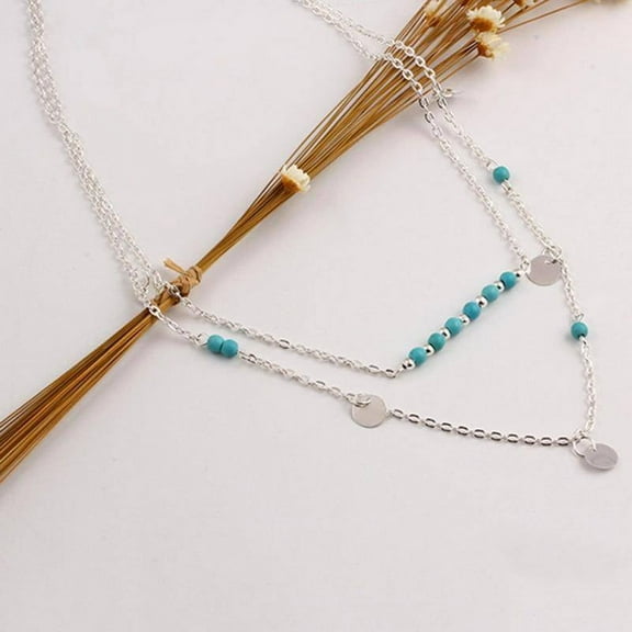 Turquoise Bead Double Layer Necklace for Woman Everyday Modern Wear in White Gold