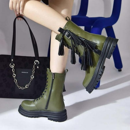 

Tdoqot Winter Boots for Women- Christmas Gifts Flats Chunky Heel Casual Women s Mid Calf Boots Army Green 35